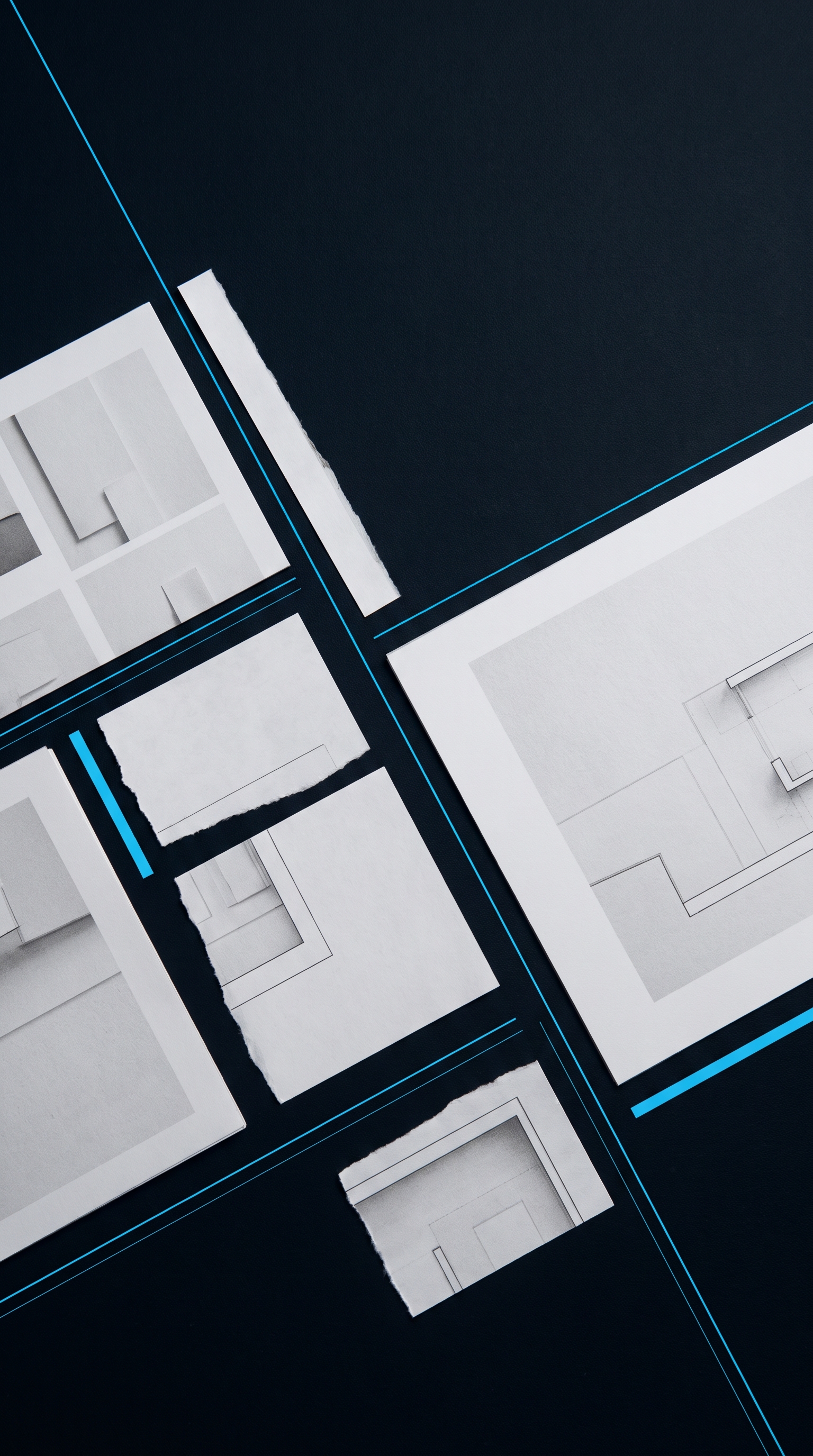 Editorial layout archive with white paper studies and cyan rules